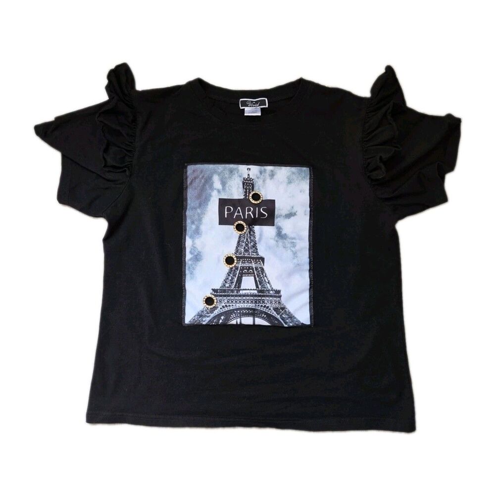 Vivid Paris Eiffel Tower Graphic Tee Black Ruffle Sleeve Top Womens M EUC